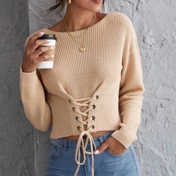 Buckle Daytrip Drop Shoulder Corset Eyelet Lace Up Knit Sweater - Picture 2 of 7